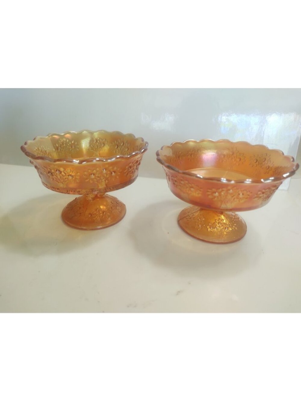 Vntage Fenton marigold carnival glass footed sherbet dishes "Orange Tree"